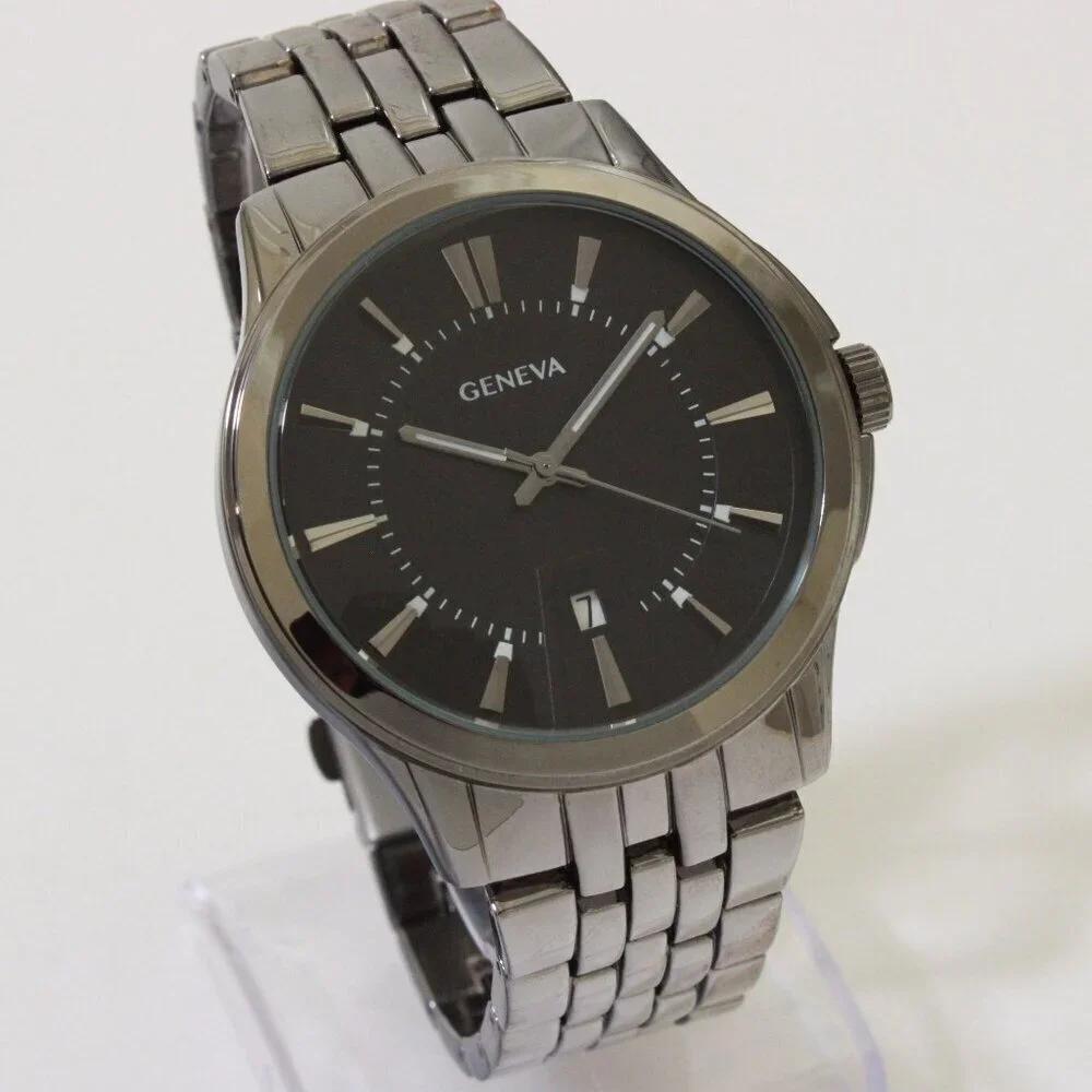 Geneva Men's Casual Quartz Watch Raised Indices GunMetal Finish 42mm
